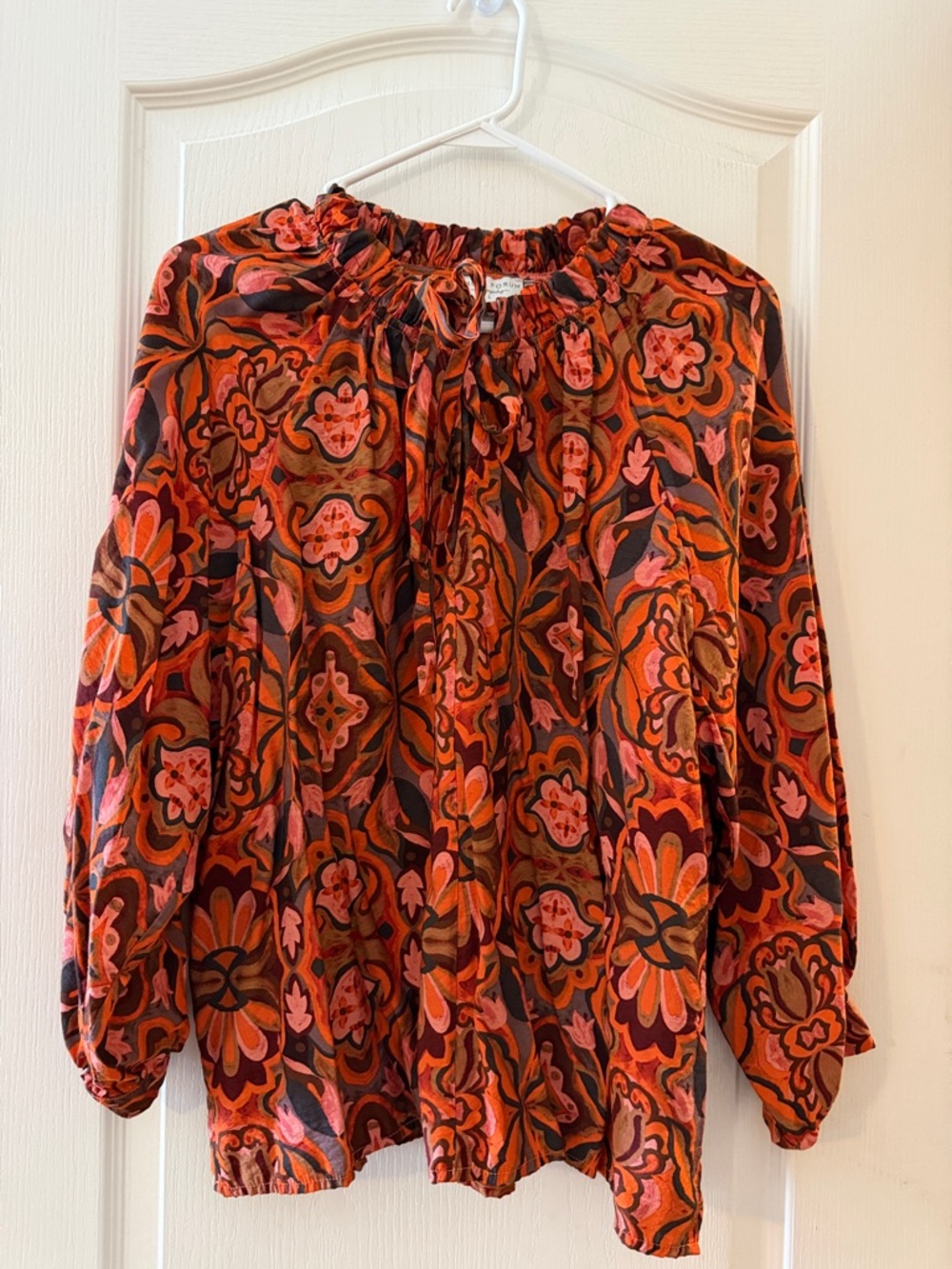Dress Forum Floral Tie-Neck Blouse in Rust and Pink